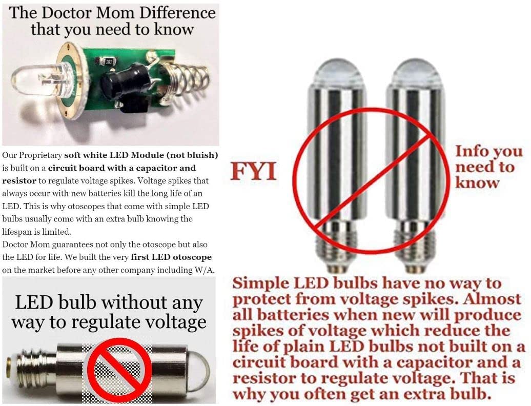 Third Generation Dr Mom Slimline Stainless LED Pocket Otoscope with Soft White Natural Hue Light Spectrum in Clamshell Packaging