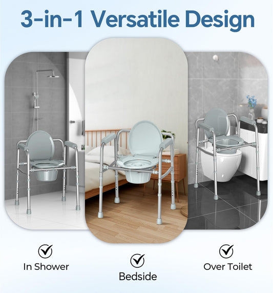 3-in-1 Bedside Commode Chair with Sturdy Dual-Crossbar Support Construction, Stable Portable Commode Toilet with 7.5Qt Potty Bucket, 350 Lbs Bedside Commodes for Seniors, Silver
