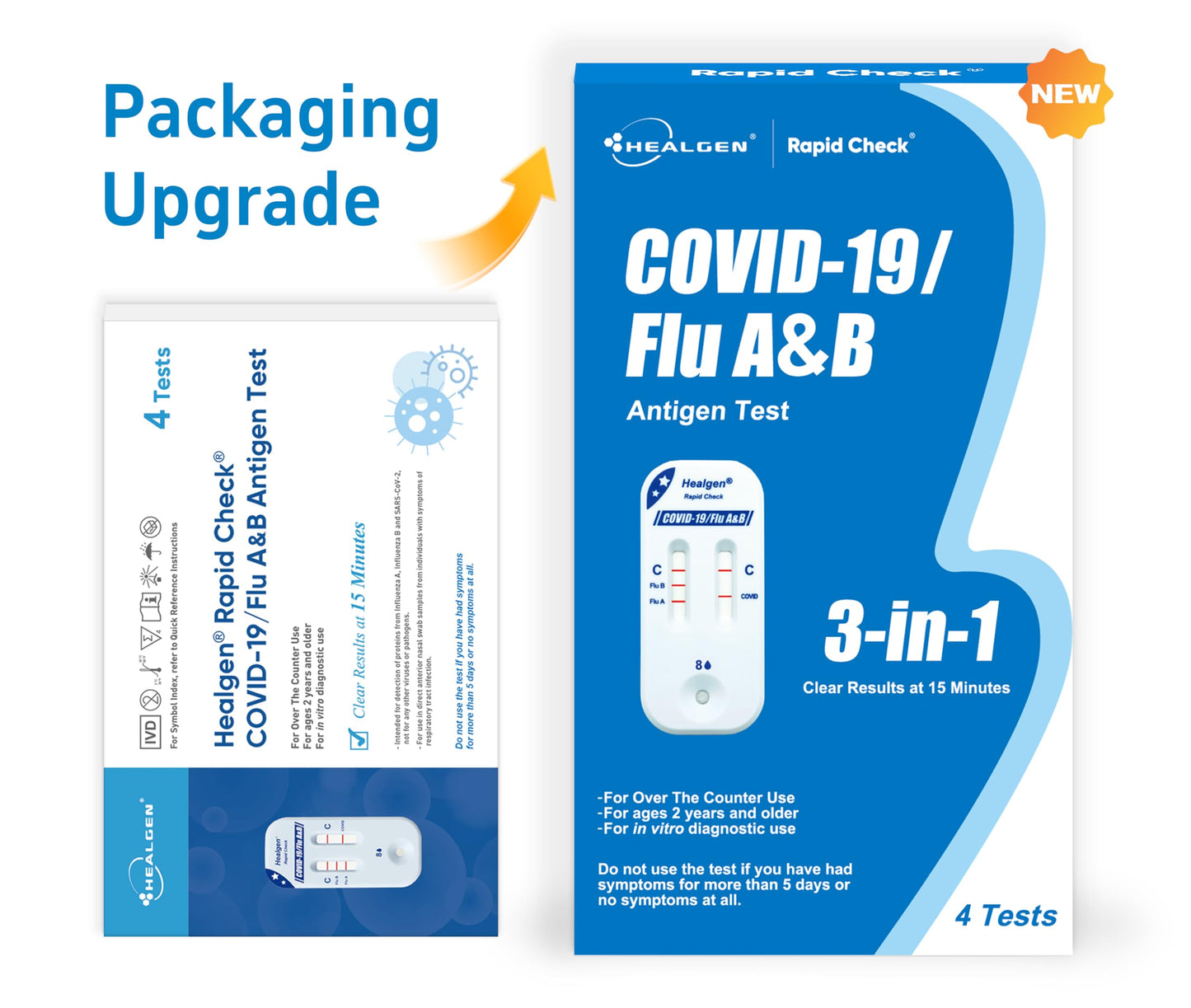 Healgen Rapid Check COVID-19, Flu A&B Antigen Test Kit, The First FDA Authorized OTC 3-in-1 Flu & COVID Home Test, Easy to Read Dual Windows, Results in 15 Mins, 4 Test