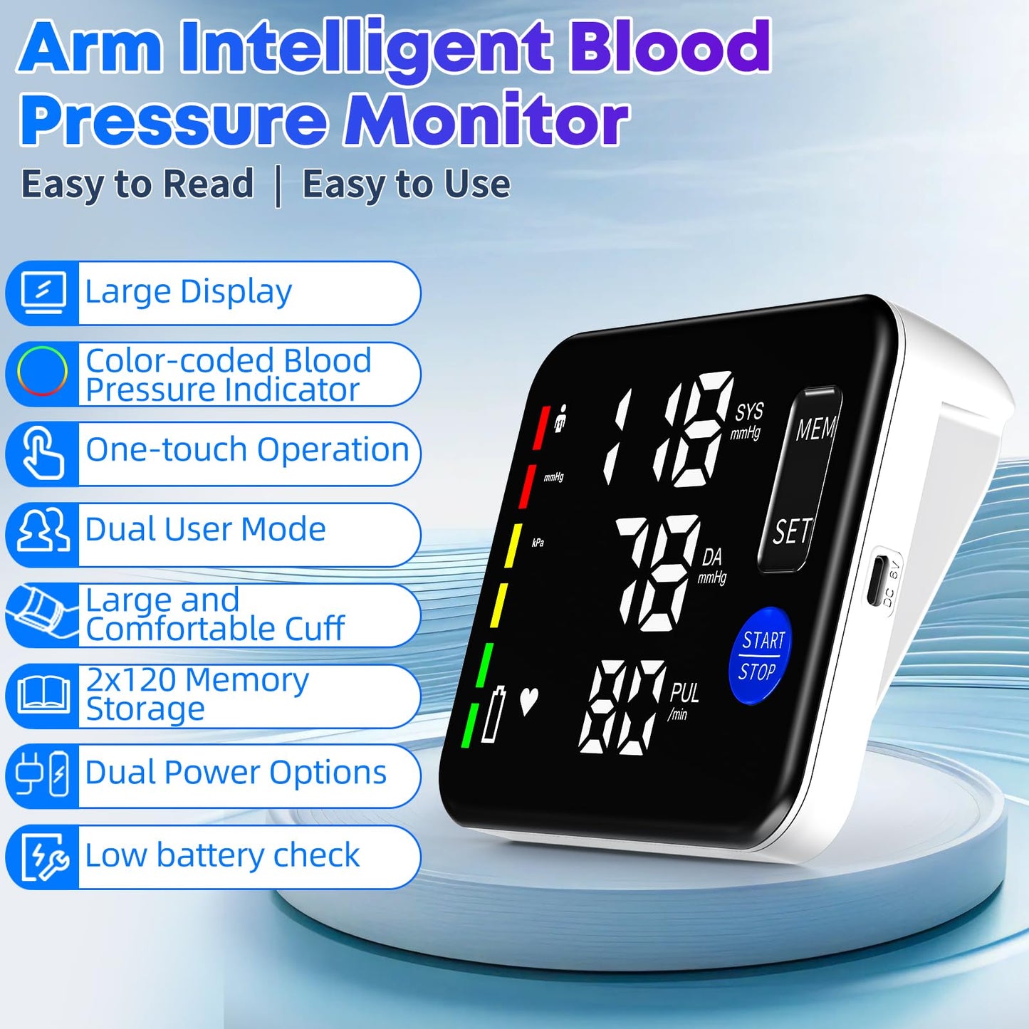Rechargeable upper arm blood pressure monitor for home use, large screen Bp machine with Bp fist from 8.7 to 16.5 inches, 2 x 120 memory, voice transmission monitor (black)