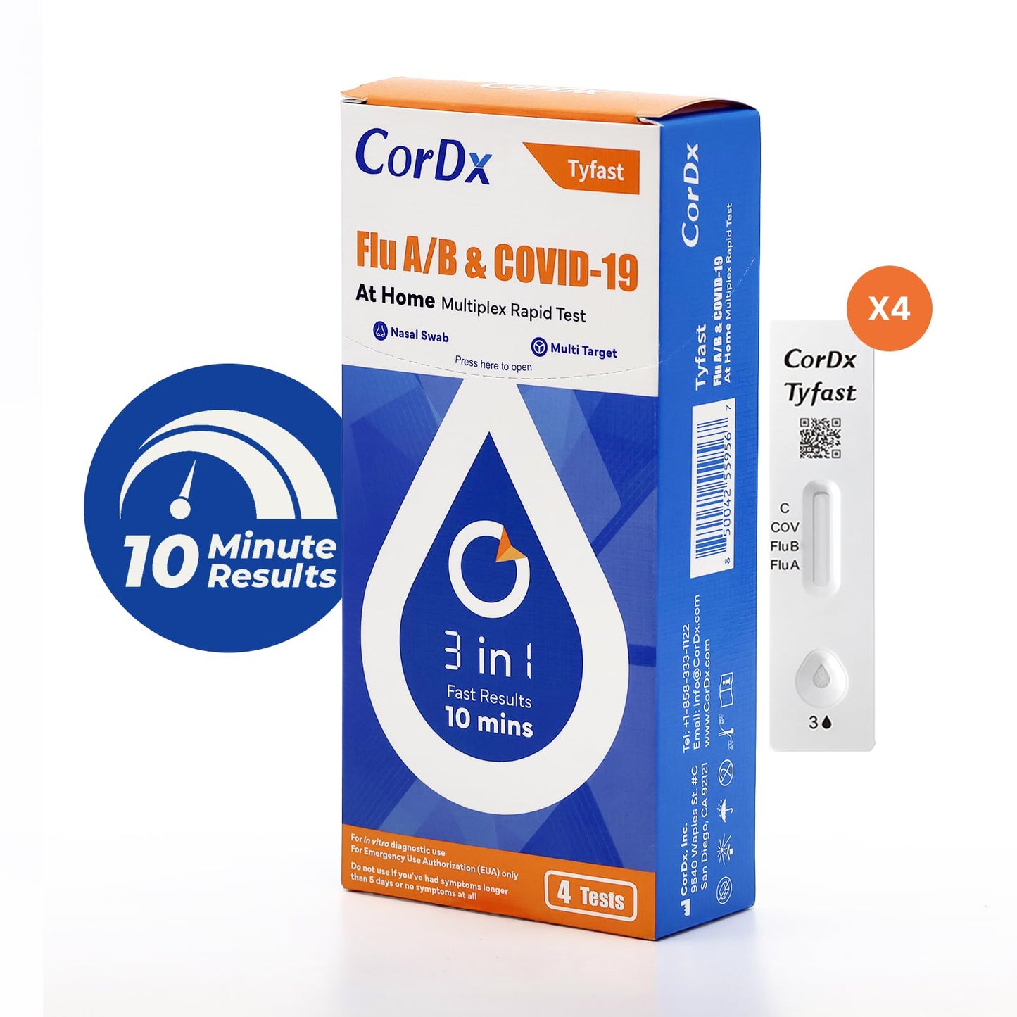 CorDx Tyfast at Home Flu A/B and COVID 19 Rapid Test Kit, Easy, Accurate, Fast Results in 10 Minutes, 4 Tests.