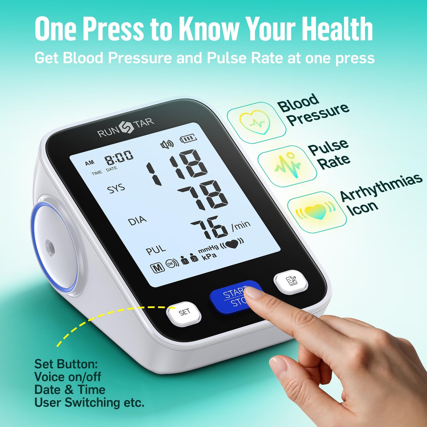 RunStar Upper Arm Blood Pressure Monitor with Wide Range Cuff (8.6 to 16.5 inches) for Home Use, Suitable for FSA and HSA, Automatic Digital Pressure Machine with Storage Bag, 2 x 99 Reading Memory