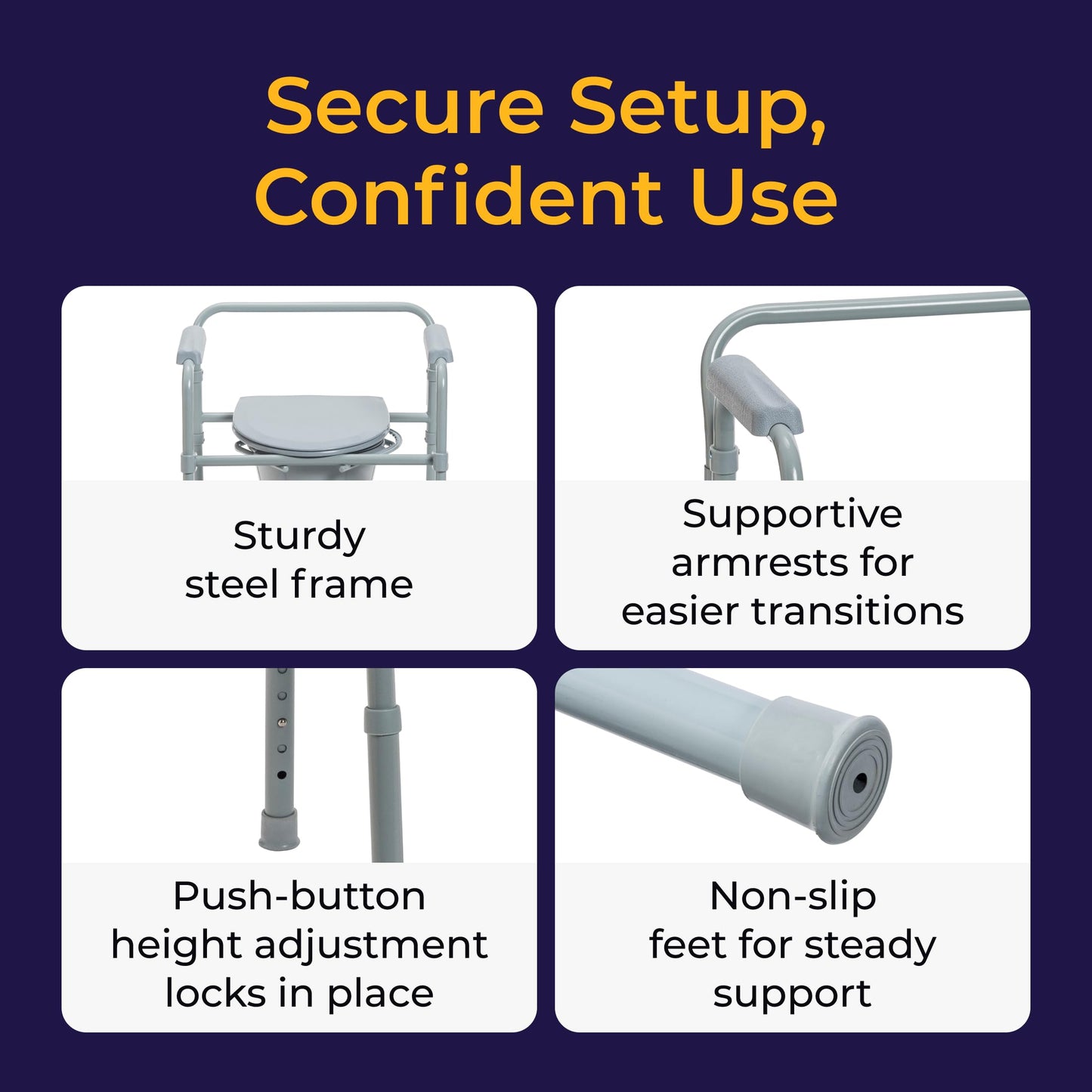 Drive Medical Folding Steel Bedside Commode Chair - Portable 3-in-1 Toilet Solution - Adjustable Height - 7.5 Qt Bucket Included - Durable Powder-Coated Steel Frame - Supports Up To 350 Lb