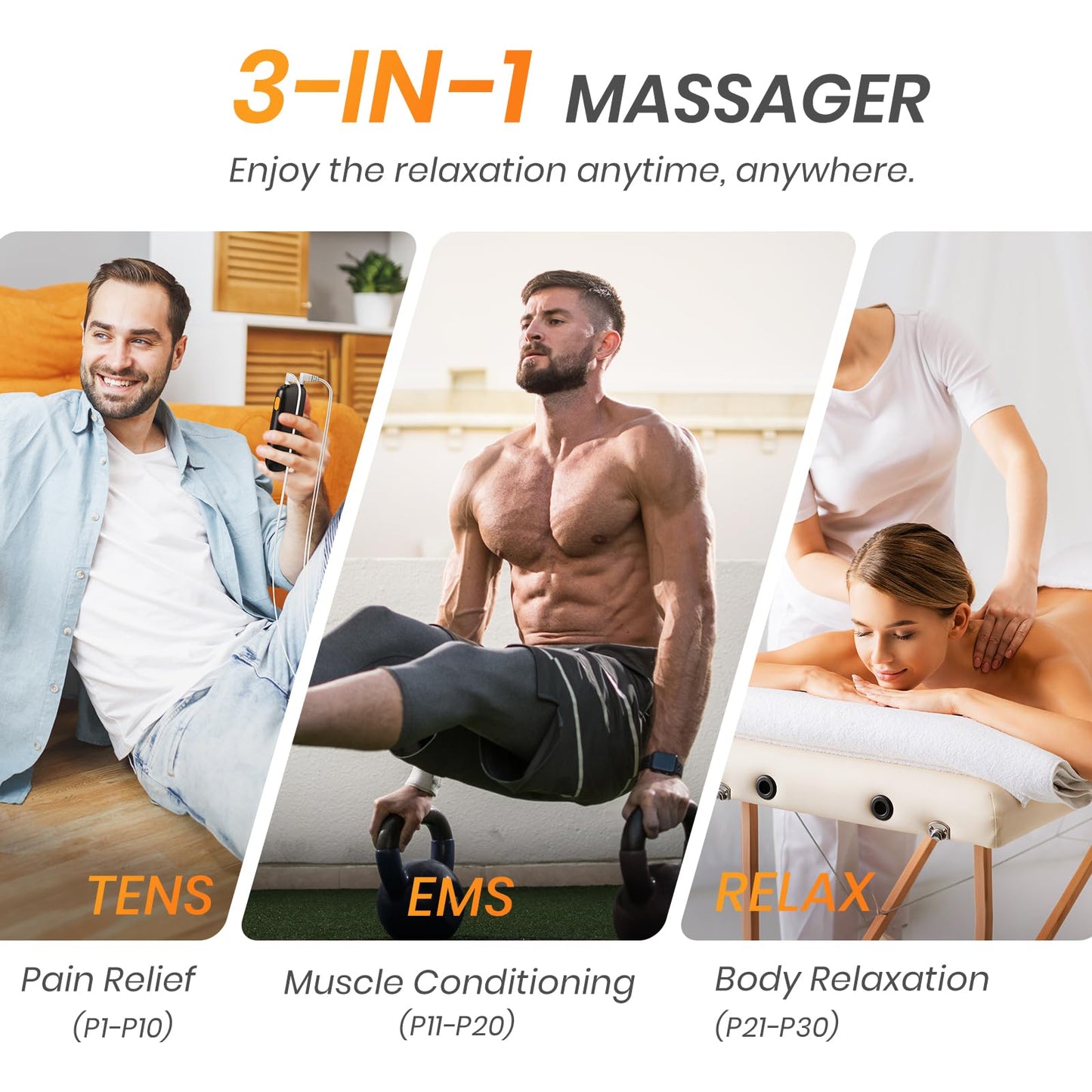 3-in-1 TENS Unit Muscle Stimulator with 30 Modes, 40 Intensities TENS Machine for Gradual Back Pain Relief Therapy, Rechargeable EMS Unit Massager with 12 TENS Electrode Pads, a Storage Bag