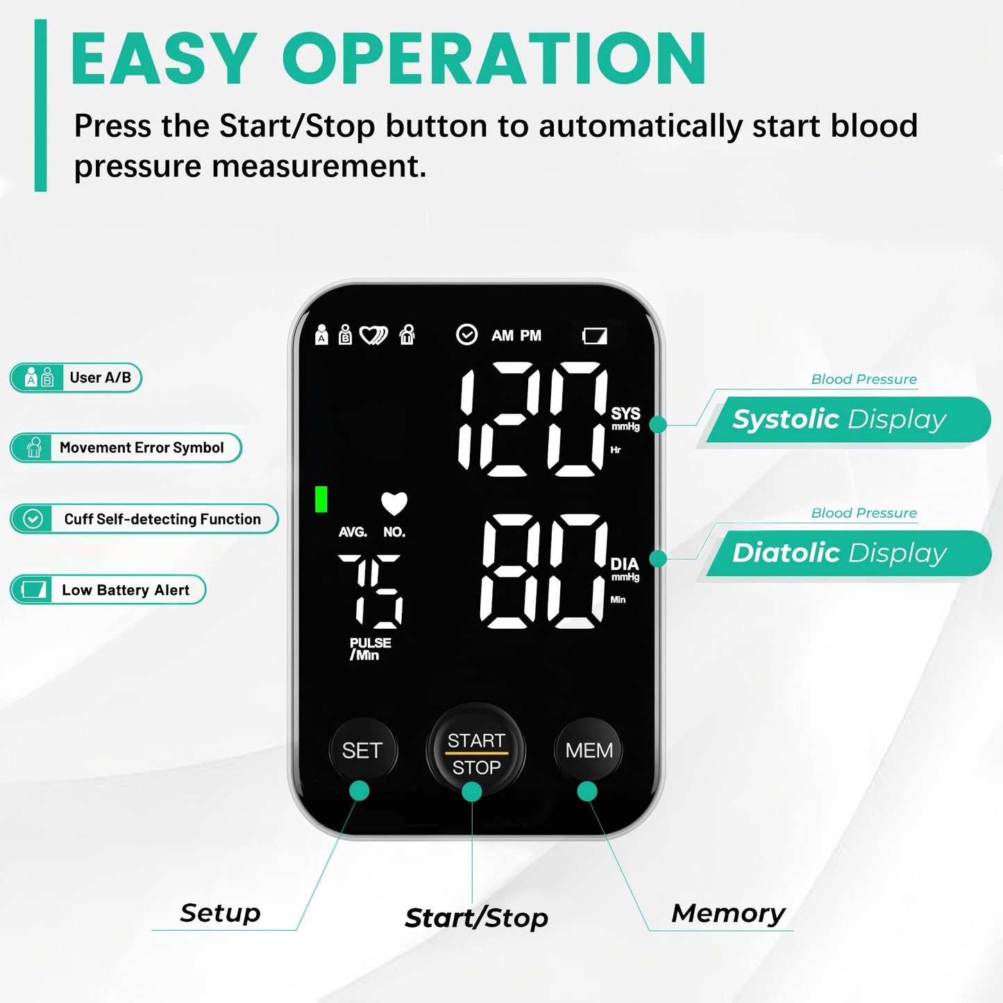 Arm blood pressure monitor, with 2 x 120 reading memory, adjustable cuff from 8.7 to 15.7 inches, large screen with storage bag, LED backlight, white color