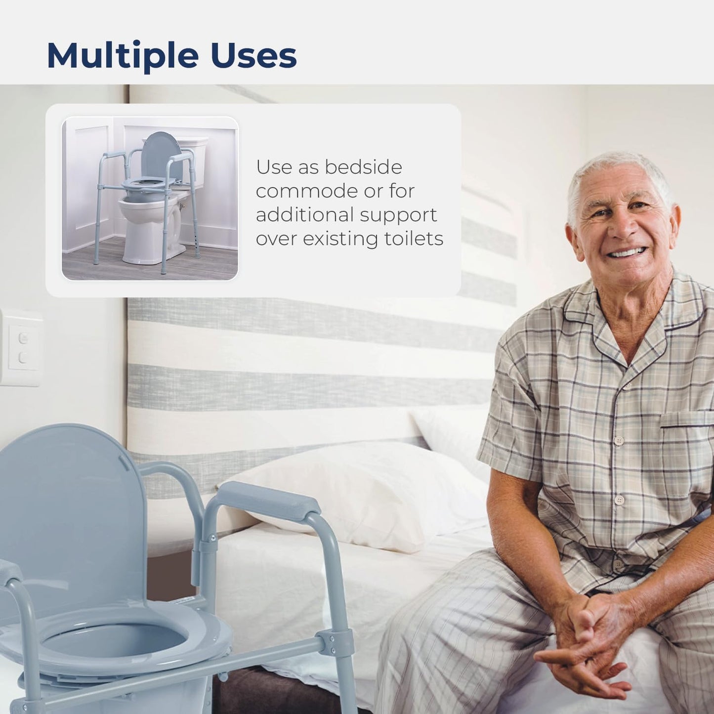 Drive Medical Folding Steel Bedside Commode Chair - 3-in-1 Portable Toilet - Adjustable Height - 350 Lb Weight Capacity - 7.5 Qt Bucket - Adult Commode - Grey