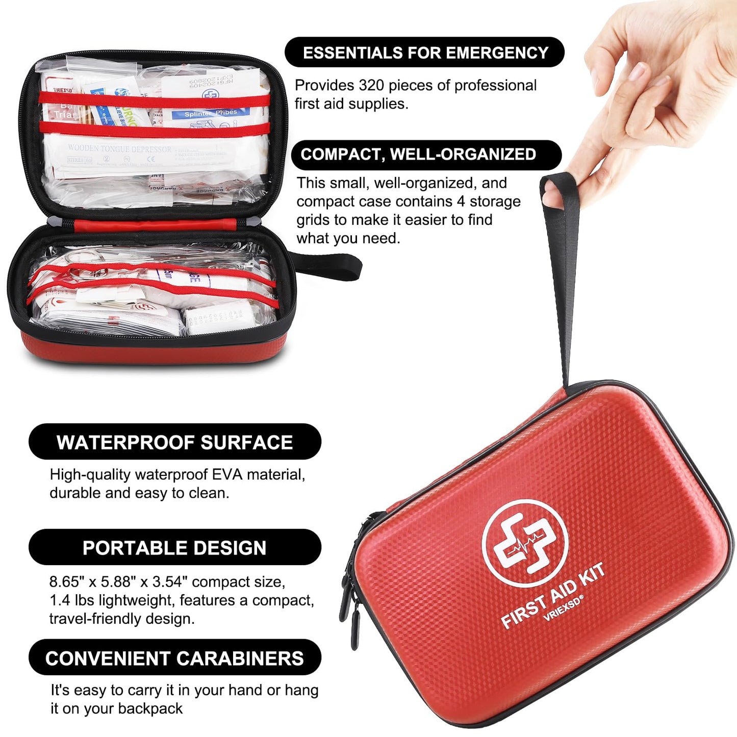 Premium First Aid Kit, 320 Piece Waterproof Hard Shell Eva First Aid Kit for Home, Camping, Cars, Hiking, Travel, Businesses & Outdoor Emergencies - Emergency Medical Kits (Red)