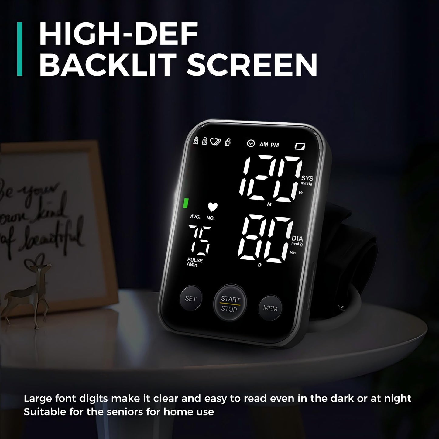 Arm blood pressure monitor, with 2 x 120 reading memory, adjustable cuff from 8.7 to 15.7 inches, large screen with storage bag, LED backlight, white color