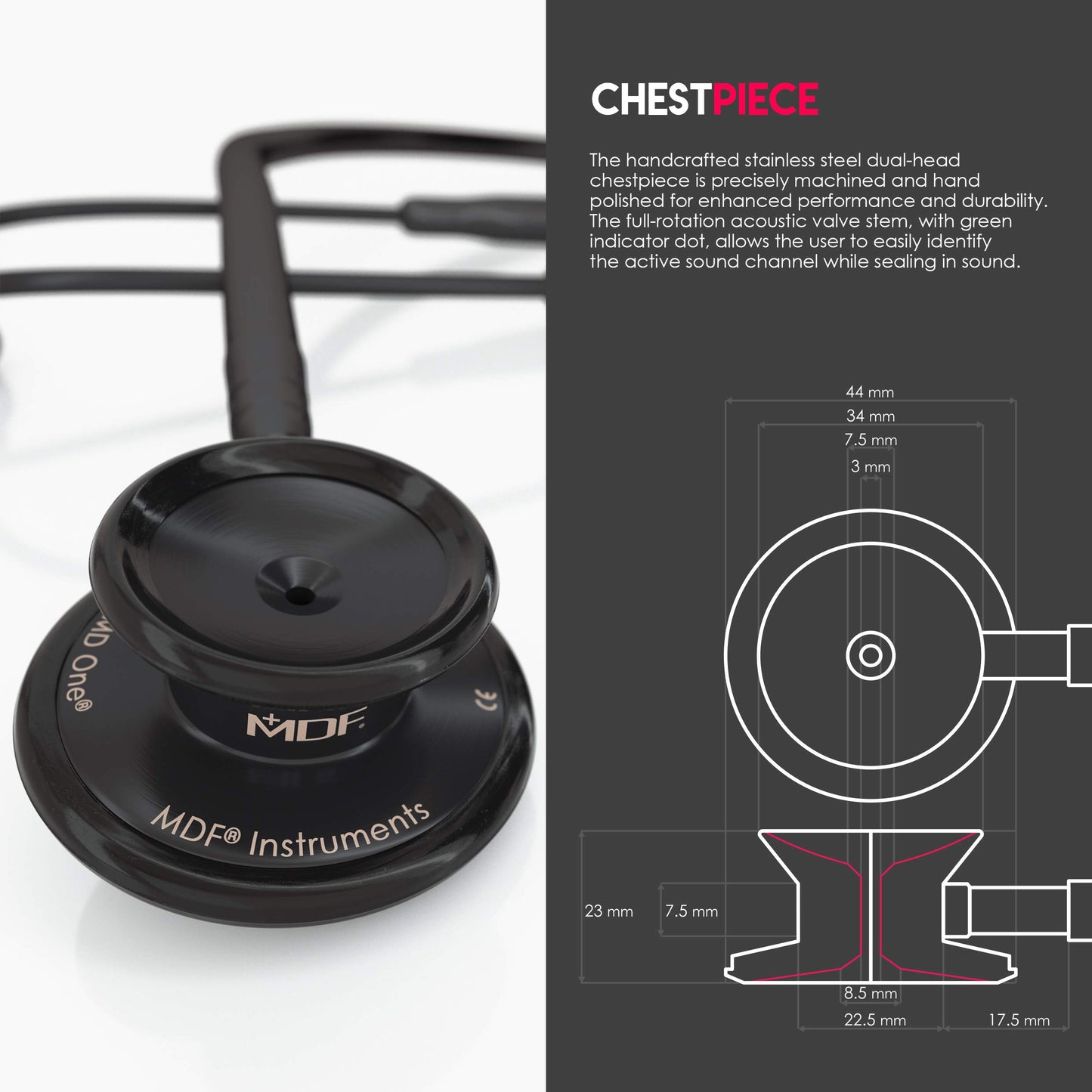 MDF Instruments MD One Premium Stainless Steel Dual Head Stethoscope, Adult, Black Tube, Black Chestpieces-Headset, MDF777BO