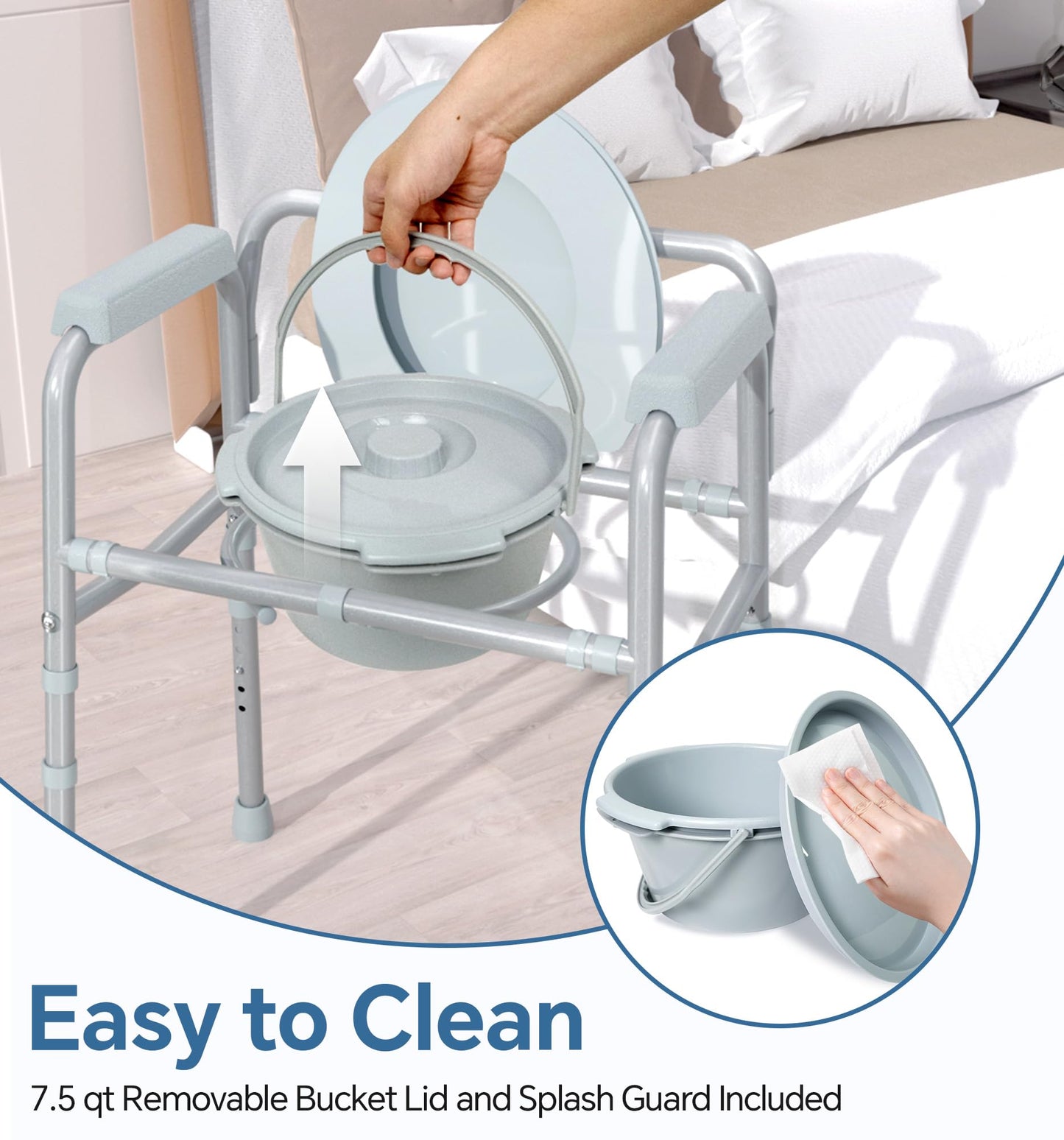 3-in-1 Bedside Commode Chair with Sturdy Dual-Crossbar Support Construction, Stable Portable Commode Toilet with 7.5Qt Potty Bucket, 350 Lbs Bedside Commodes for Seniors, Silver