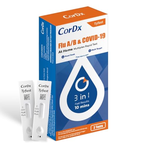 CorDx TyFast 10 Mins Flu A/B & Covid 19 Multiplex Rapid Test, Results in 10 Minutes—Precision Skip The 15 Wait, EUA Authorized, at Home 3 in 1 Combo Kit, 5 Tests, Use-Friendly & No Discomfort