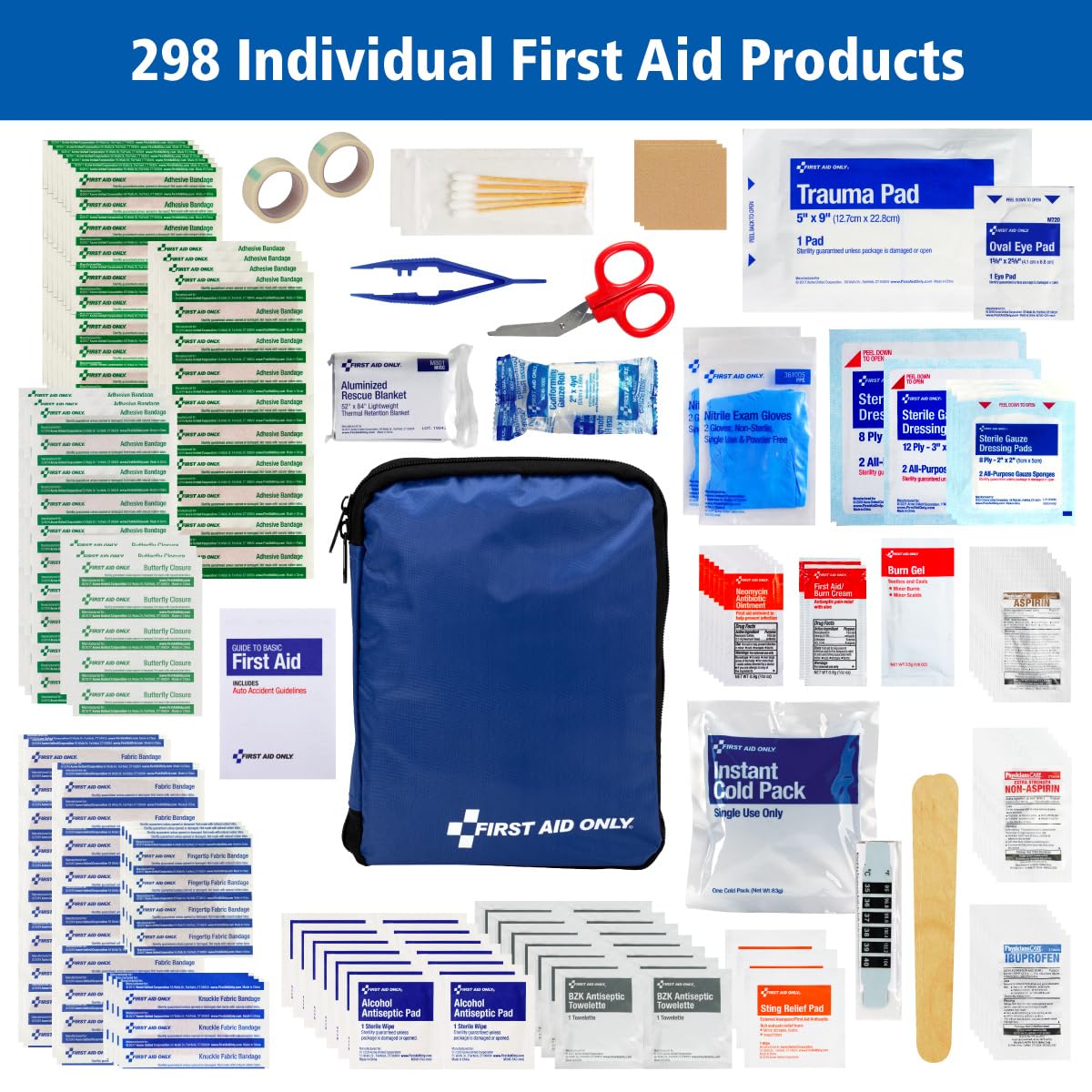 First Aid Only 298 Piece All-Purpose Emergency First Aid Kit for Home, Office, Car, Apartment, Dorm, and Camping, Travel-Friendly Compact Pouch Fits in Backpacks, Suitcases, Cabinets, and Drawers