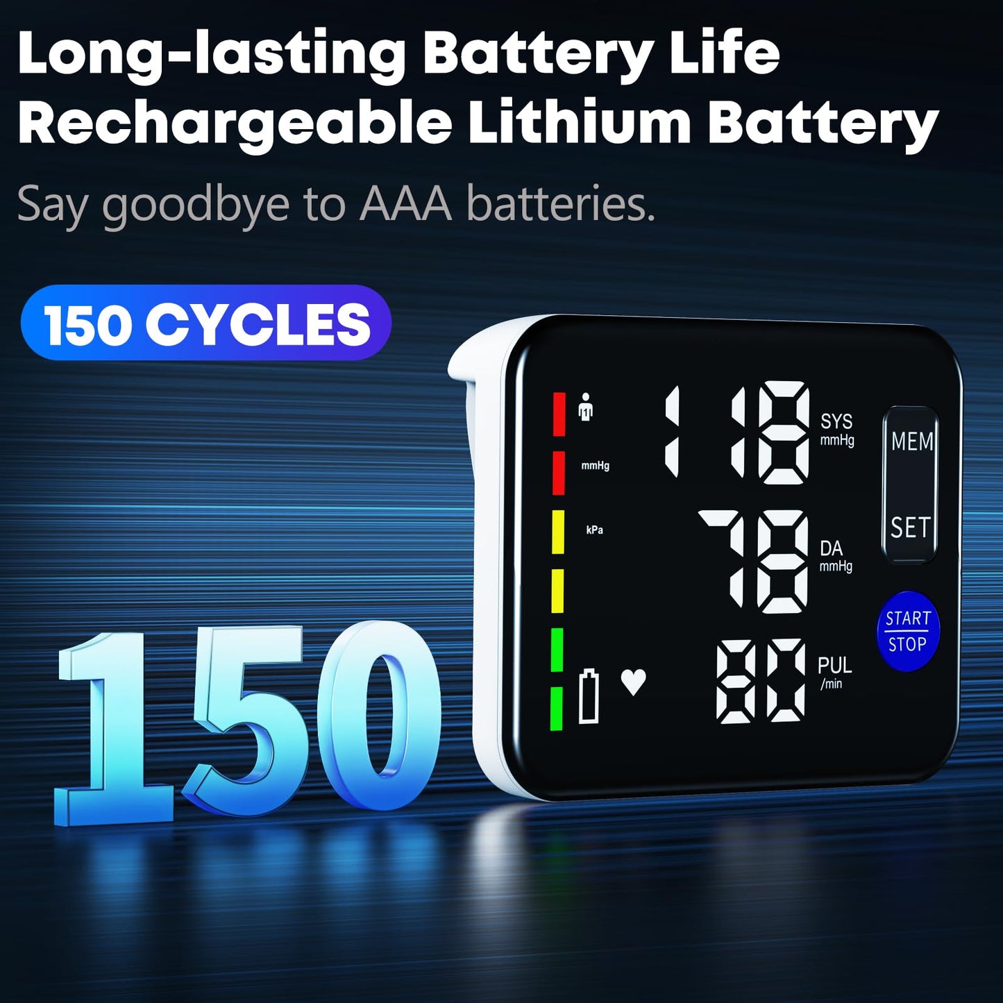 Rechargeable upper arm blood pressure monitor for home use, large screen Bp machine with Bp fist from 8.7 to 16.5 inches, 2 x 120 memory, voice transmission monitor (black)