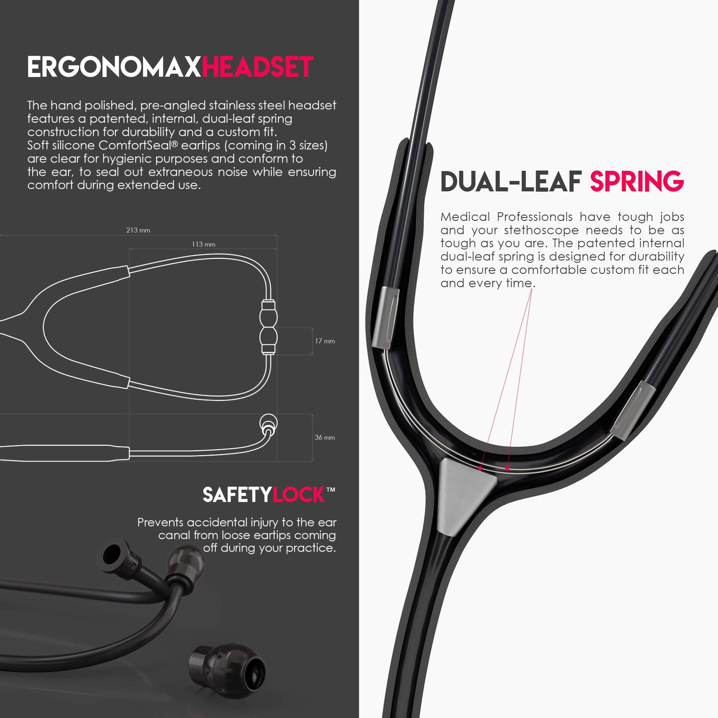 MDF Instruments MD One Premium Stainless Steel Dual Head Stethoscope, Adult, Black Tube, Black Chestpieces-Headset, MDF777BO