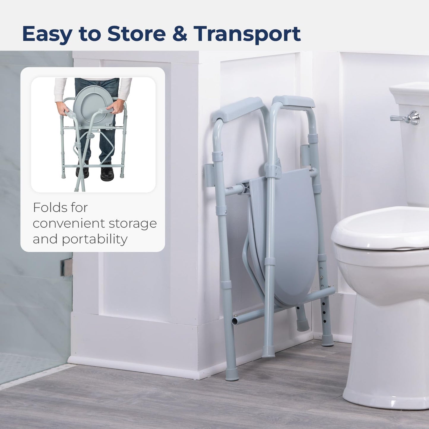 Drive Medical Folding Steel Bedside Commode Chair - 3-in-1 Portable Toilet - Adjustable Height - 350 Lb Weight Capacity - 7.5 Qt Bucket - Adult Commode - Grey