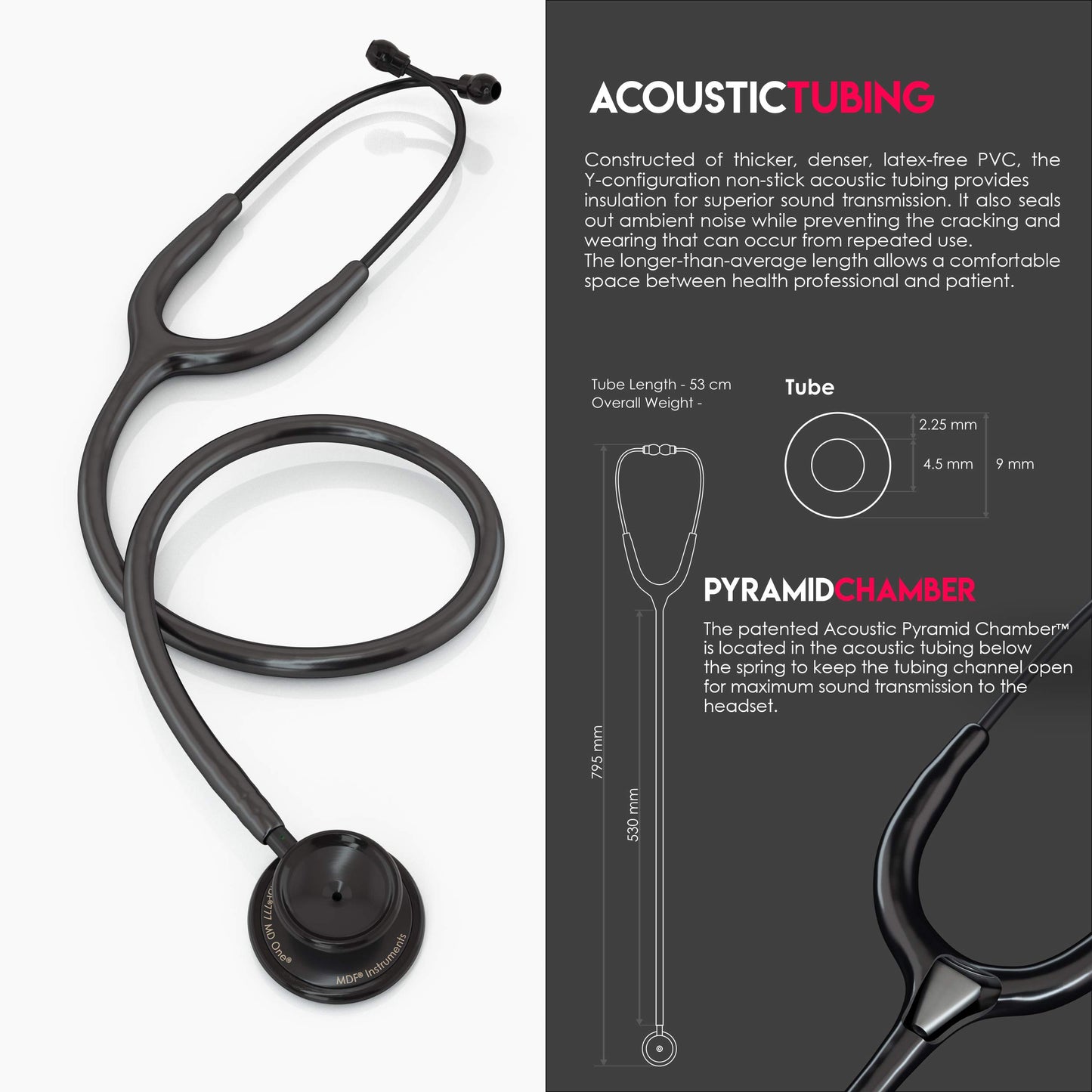 MDF Instruments MD One Premium Stainless Steel Dual Head Stethoscope, Adult, Black Tube, Black Chestpieces-Headset, MDF777BO
