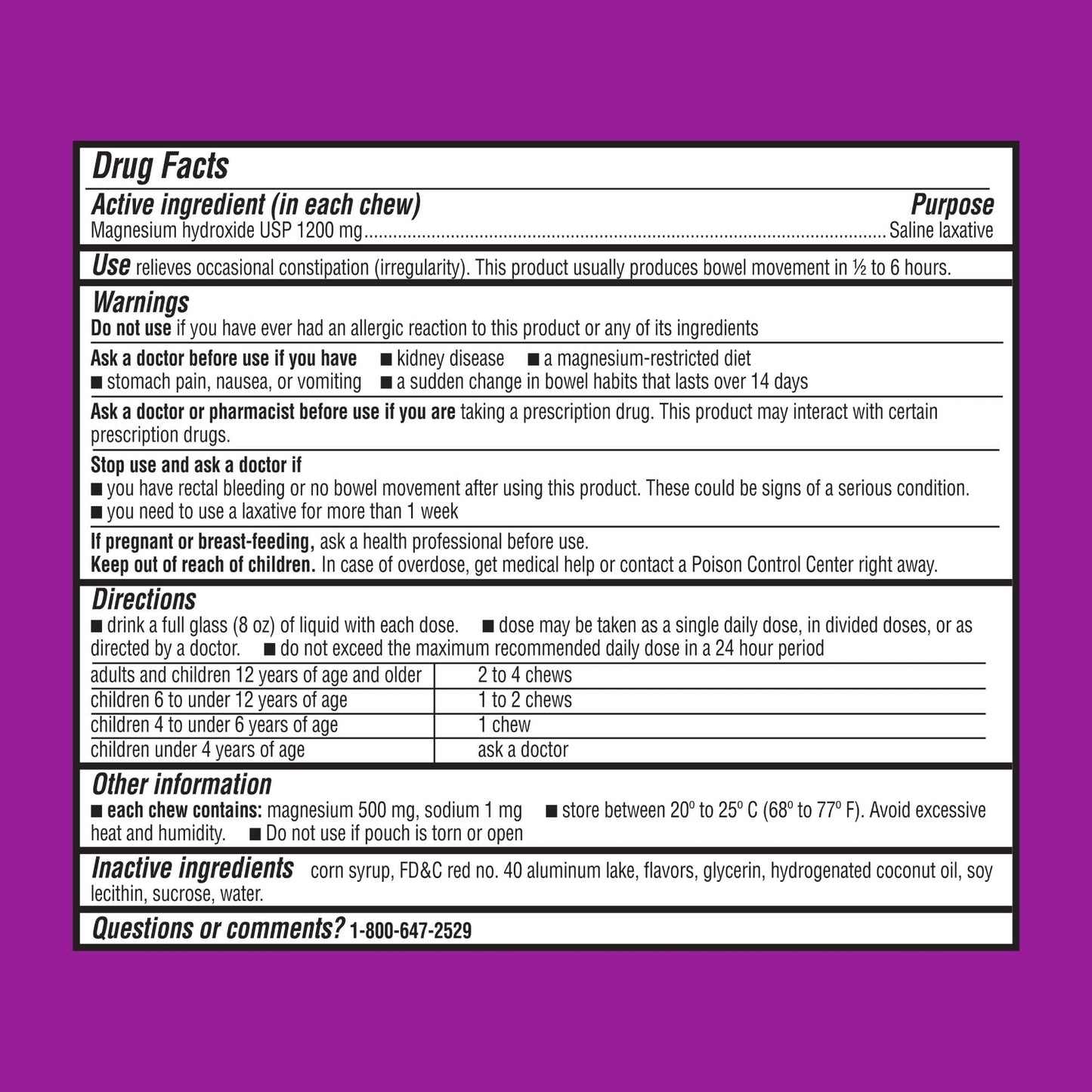MiraFAST Soft Chews, from The Makers of MiraLAX, Gentle Constipation Relief, Fast Acting Laxative, Stimulant Free Saline Laxative, Magnesium Hydroxide, Blueberry & Raspberry Flavor, 60ct