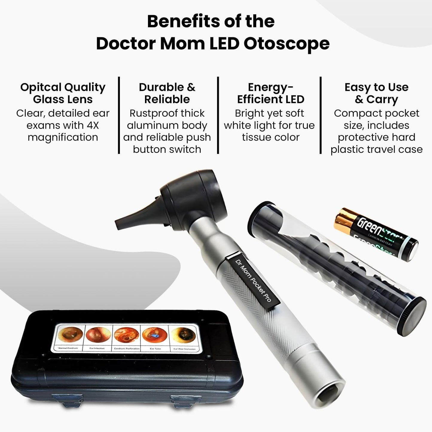 4th Generation Doctor Mom LED Pocket Pro Otoscope with Both Adult and Pediatric Disposable Specula Tips, Battery, and Protective Hard Plastic Case