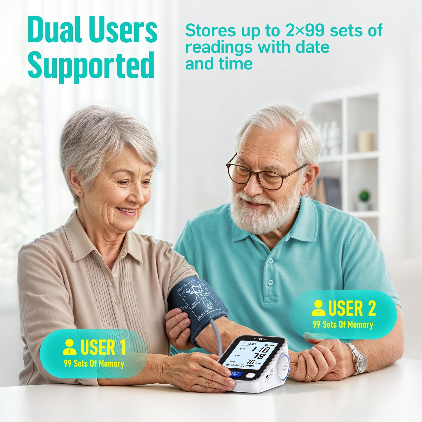 RunStar Upper Arm Blood Pressure Monitor with Wide Range Cuff (8.6 to 16.5 inches) for Home Use, Suitable for FSA and HSA, Automatic Digital Pressure Machine with Storage Bag, 2 x 99 Reading Memory