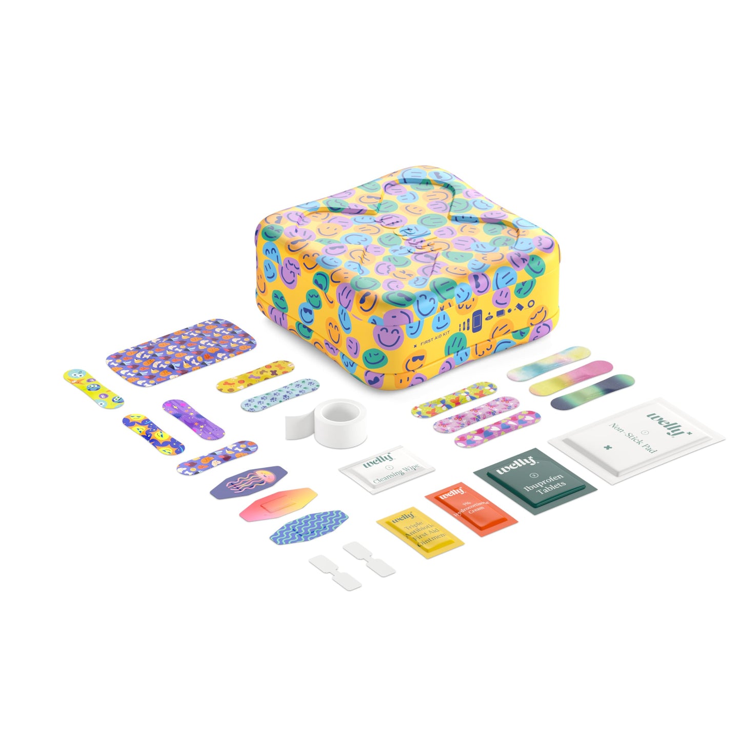 Welly First Aid Kit - Adhesive Flexible Fabric and Waterproof Bandages, Tape and Non-Stick Pads, Butterfly Strips, Single Use Ointments Triple Antibiotic and Hydrocortisone, and Ibuprofen - 130 Count