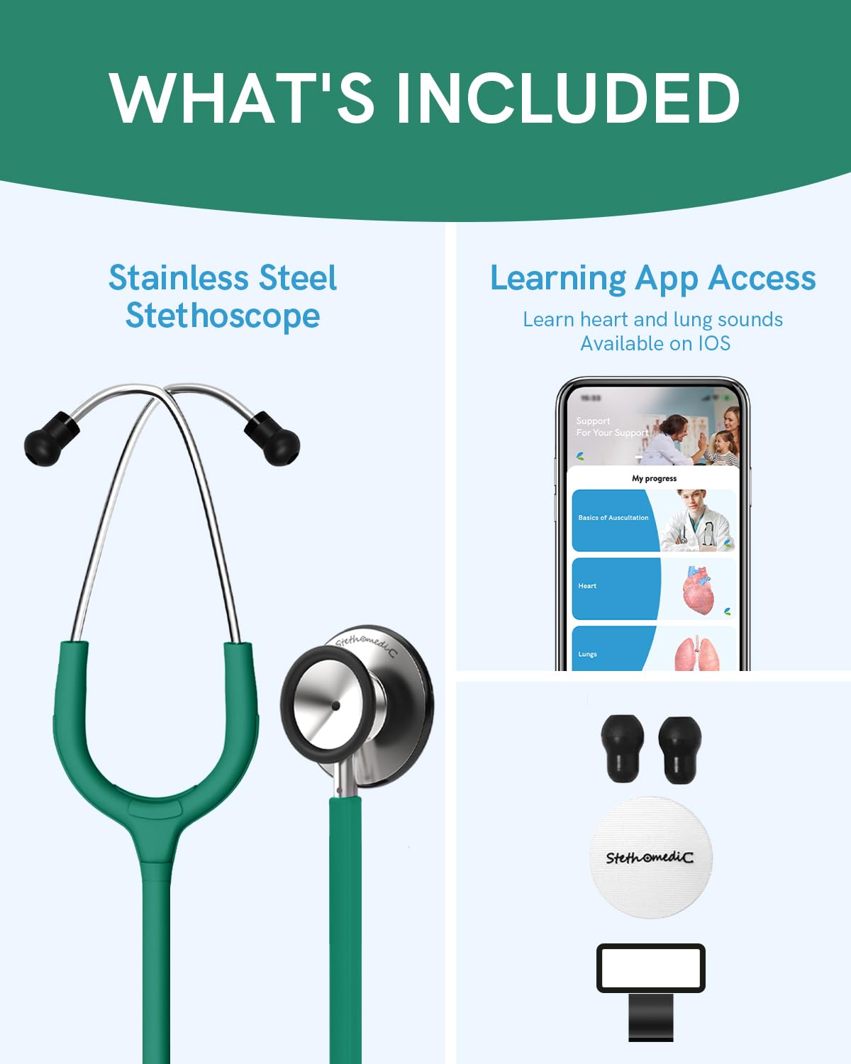FriCARE Dual Head Stethoscope - Stethoscopes for Nurses, Medical Nursing Students, Paramedics/EMT/LVN/VNA Backup Estetoscopio, Smooth Emerald Green Tube, Stainless Steel Chestpiece