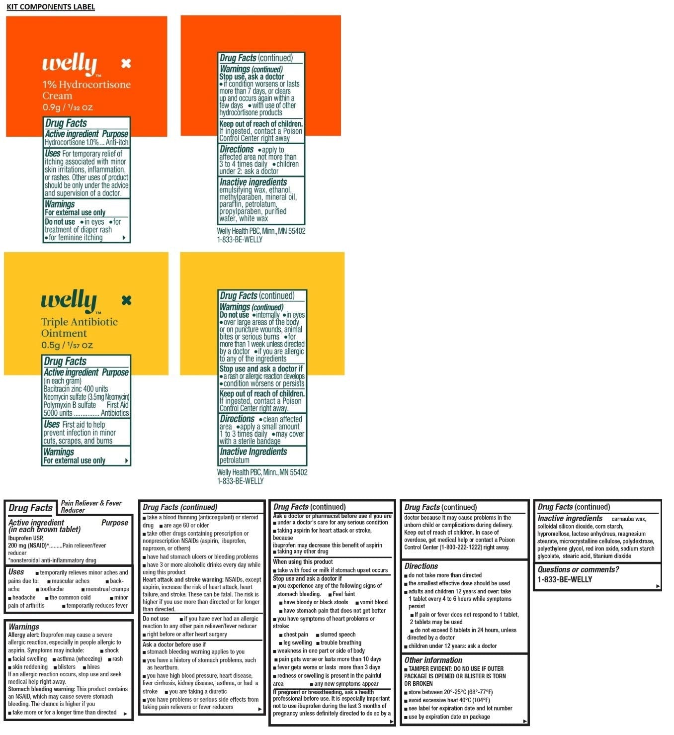 Welly First Aid Kit - Adhesive Flexible Fabric and Waterproof Bandages, Tape and Non-Stick Pads, Butterfly Strips, Single Use Ointments Triple Antibiotic and Hydrocortisone, and Ibuprofen - 130 Count
