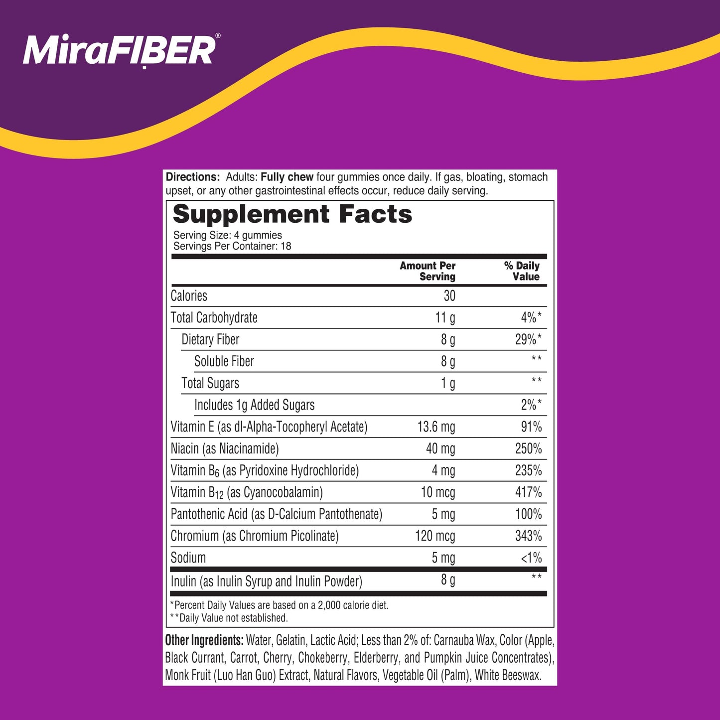MiraFIBER Gummies from the Makers of MiraLAX, 8g of Daily Fiber Per Serving, Metabolism Support with B Vitamins, Gut Health for Men & Women, Prebiotic Fiber Gummies for Adults, Mixed Fruit Flavor 72Ct