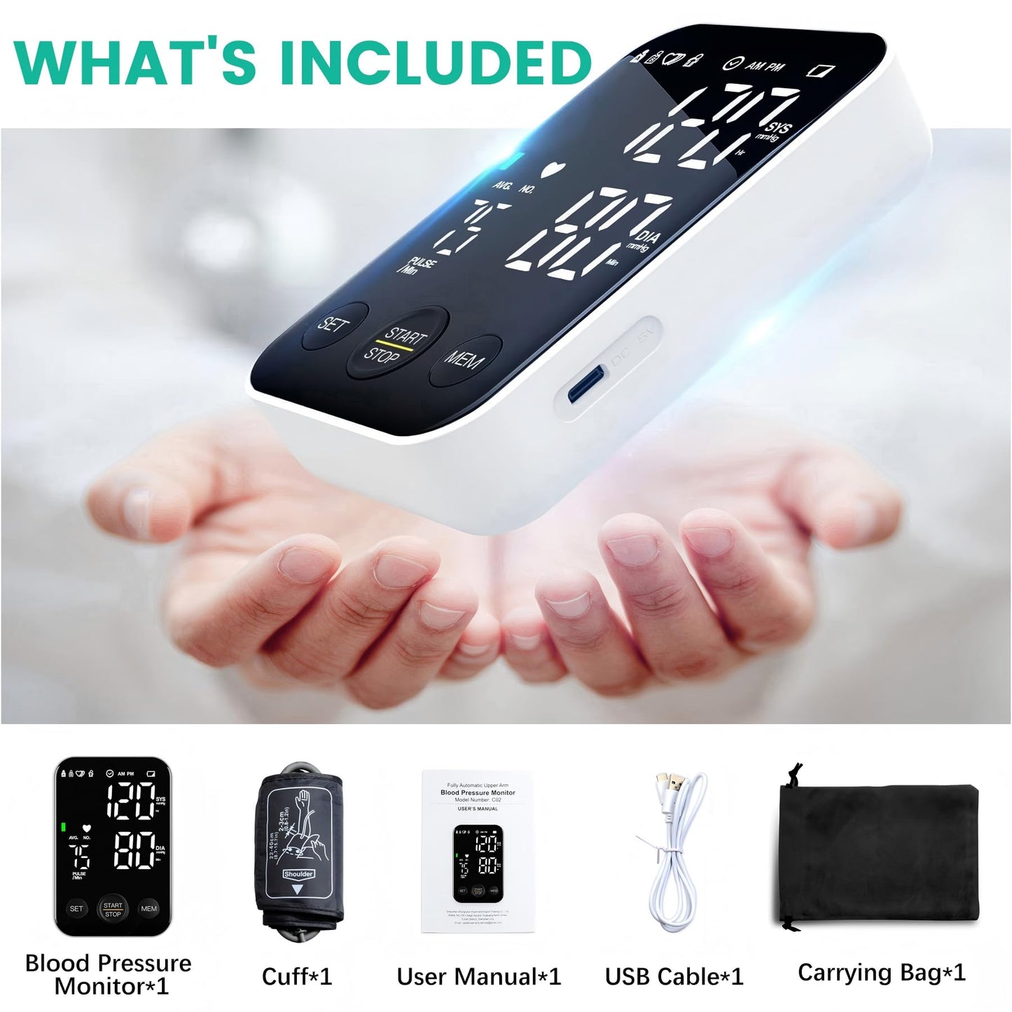 Arm blood pressure monitor, with 2 x 120 reading memory, adjustable cuff from 8.7 to 15.7 inches, large screen with storage bag, LED backlight, white color