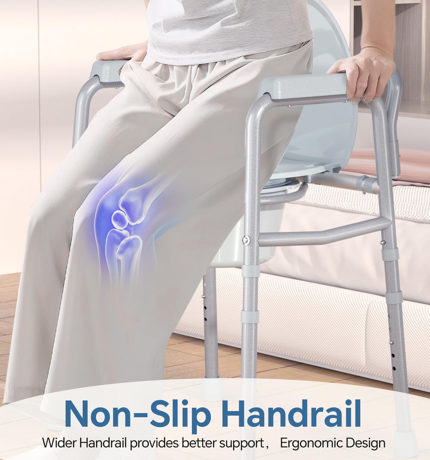 3-in-1 Bedside Commode Chair with Sturdy Dual-Crossbar Support Construction, Stable Portable Commode Toilet with 7.5Qt Potty Bucket, 350 Lbs Bedside Commodes for Seniors, Silver