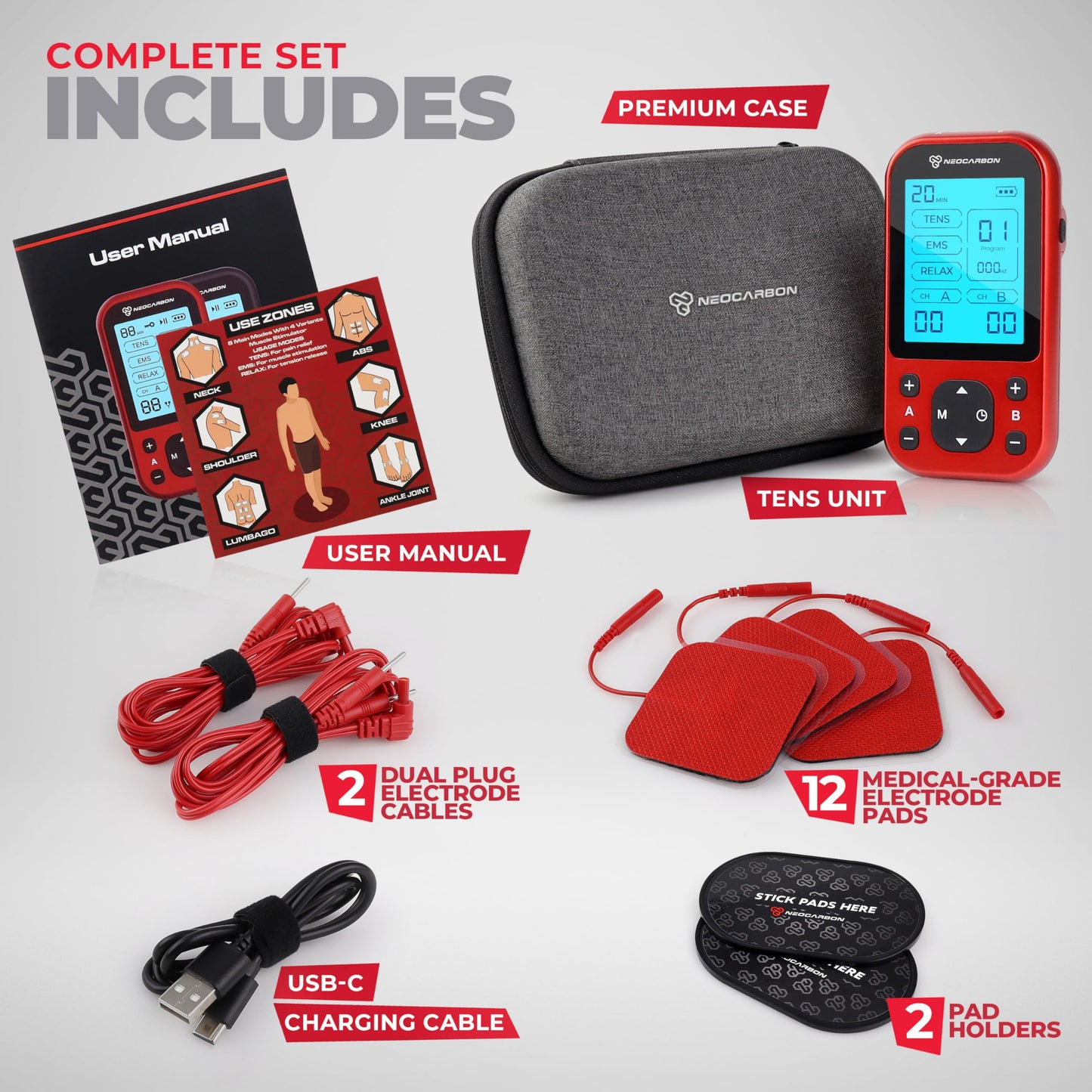 TENS Unit Muscle Stimulator Pro for Back Pain Relief, Shoulder Recovery and Physical Therapy, Electronic EMS Massager Machine with PMS Pulse for Effective Shock Therapy, Red