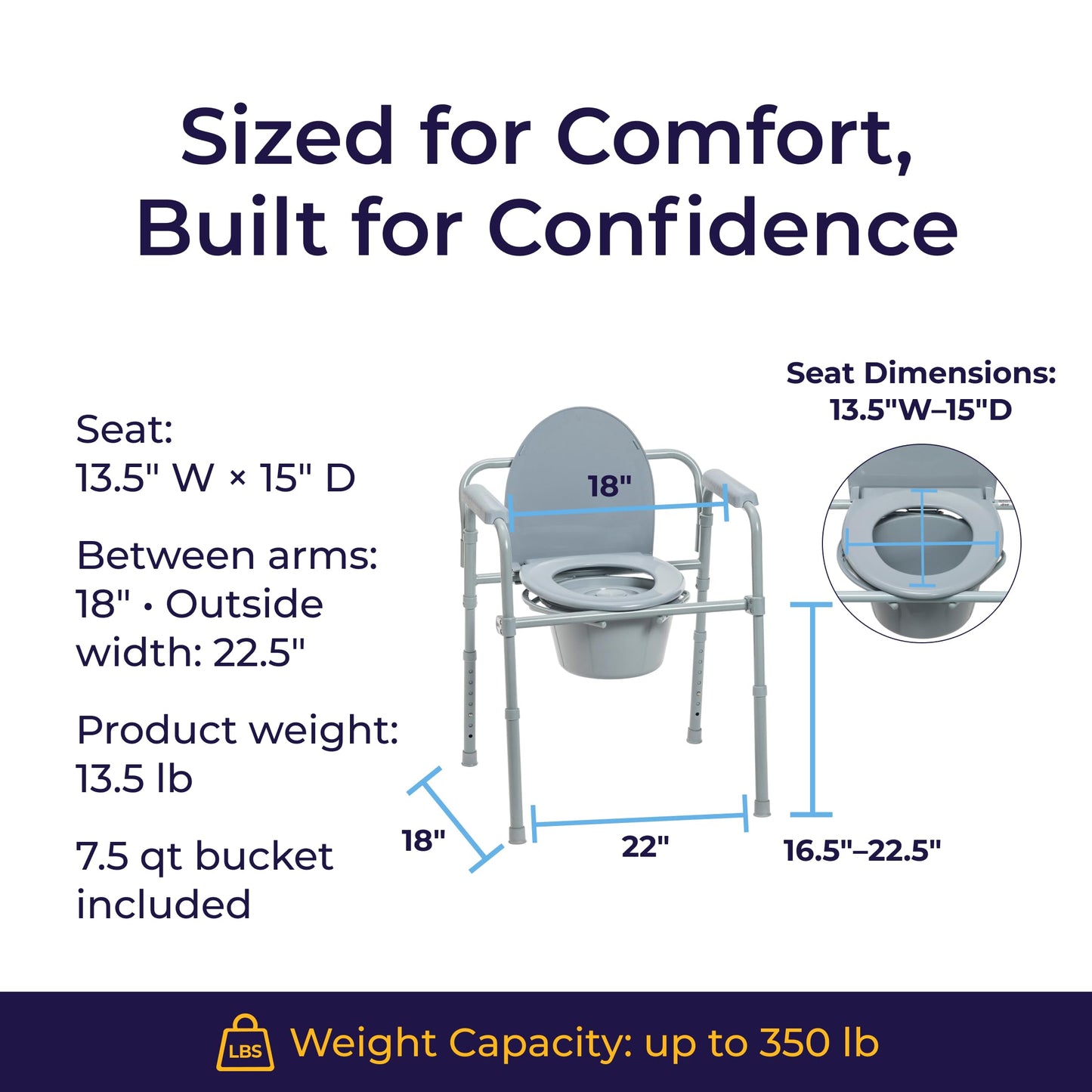 Drive Medical Folding Steel Bedside Commode Chair - Portable 3-in-1 Toilet Solution - Adjustable Height - 7.5 Qt Bucket Included - Durable Powder-Coated Steel Frame - Supports Up To 350 Lb