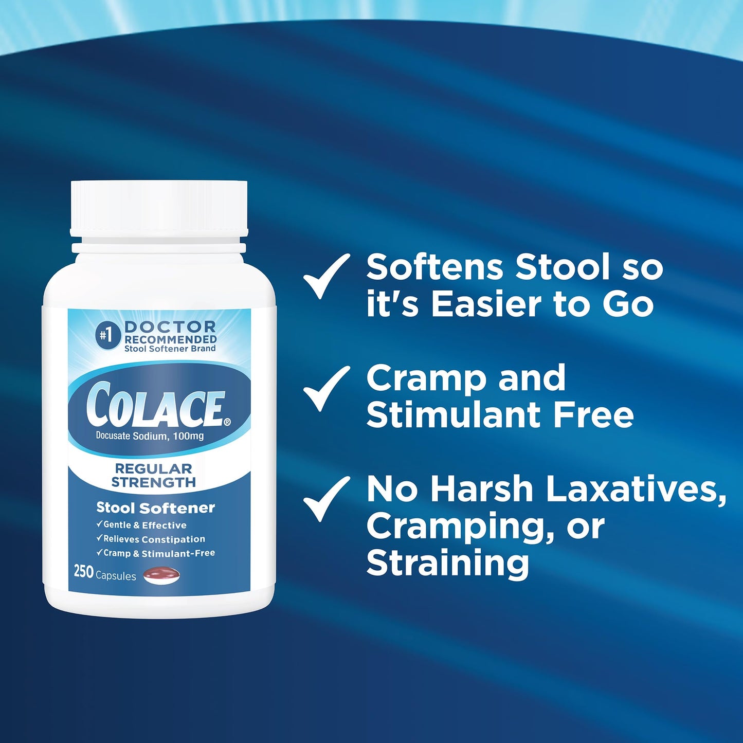 Colace Stool Softener 100 mg, 100 Capsules, Constipation Relief, Docusate Sodium, Gentle Docusate, Stimulant-Free, Regular Strength, #1 Doctor Recommended Stool Softener Brand