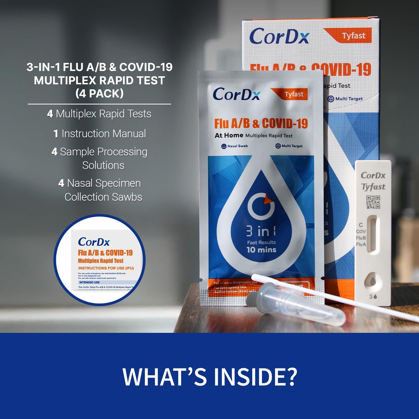 CorDx Tyfast at Home Flu A/B and COVID 19 Rapid Test Kit, Easy, Accurate, Fast Results in 10 Minutes, 4 Tests.